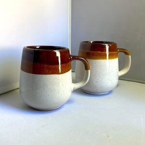 Pair Retro Stoneware Coffee Mug Brown Stripes Beige Speckled Ceramic MCM‎ 8 oz.